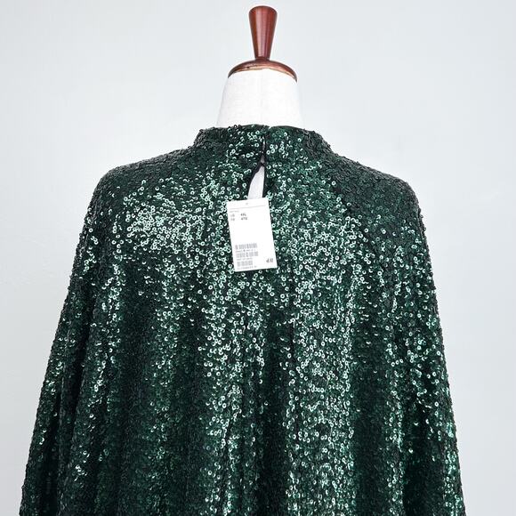 H&M Green Sequin Long Sleeve A-Line Mock Neck Mini Dress NWT - Picture 8 of 11